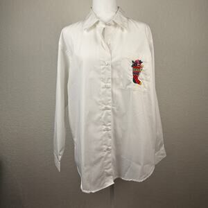 Talbots Christmas Stocking Embroidered Button Down Shirt Womens Large New w Tags